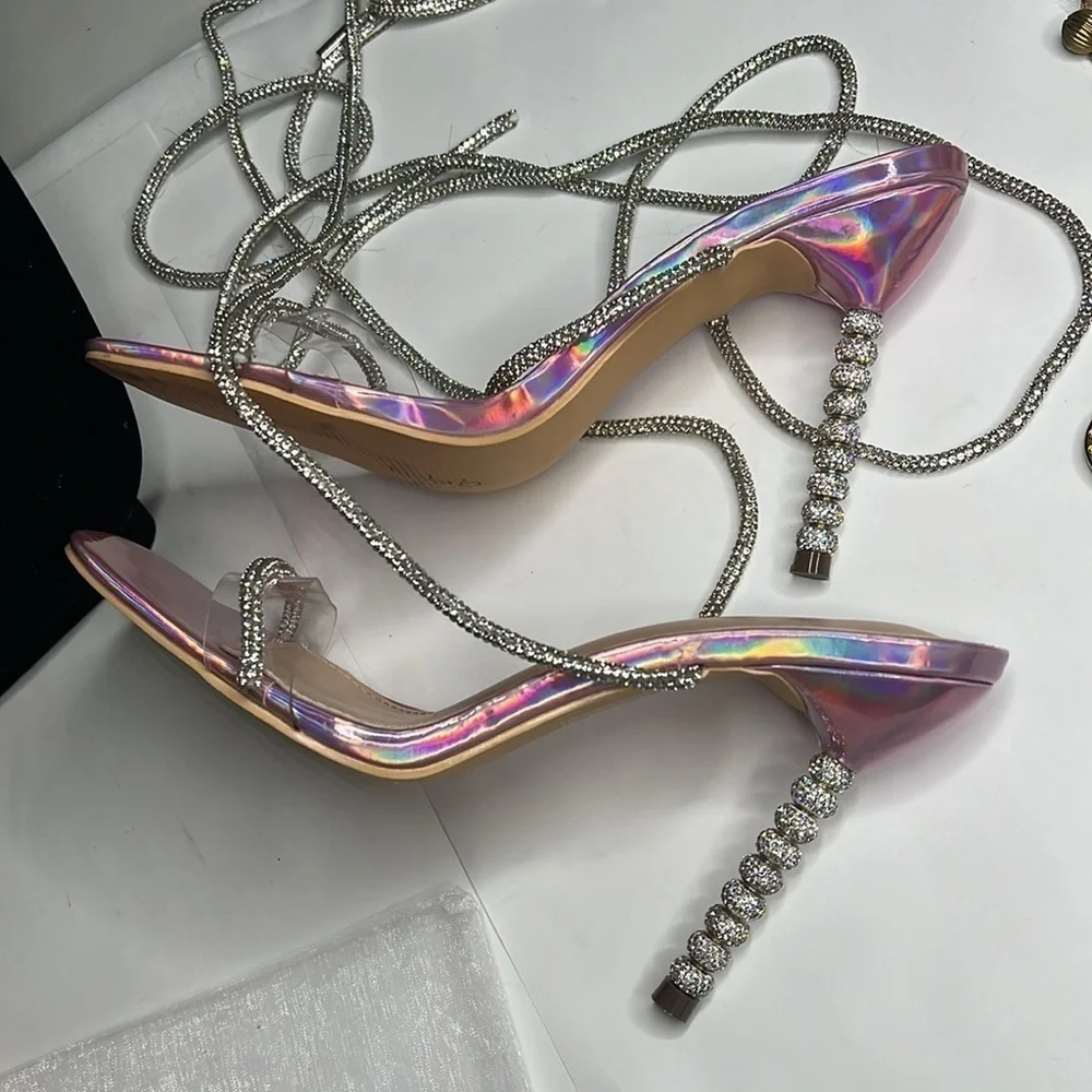 Wrap Around Sz 7.5 Soft Crystal Embossed Wraparound Pink Purple Metallic Heels